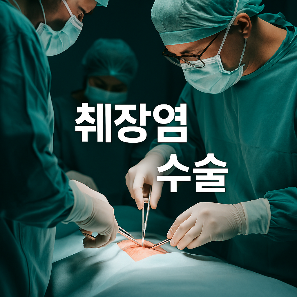 수술복을 입은 의료진이 복부 수술을 진행 중인 장면, &quot;췌장염 수술&quot; 텍스트 포함