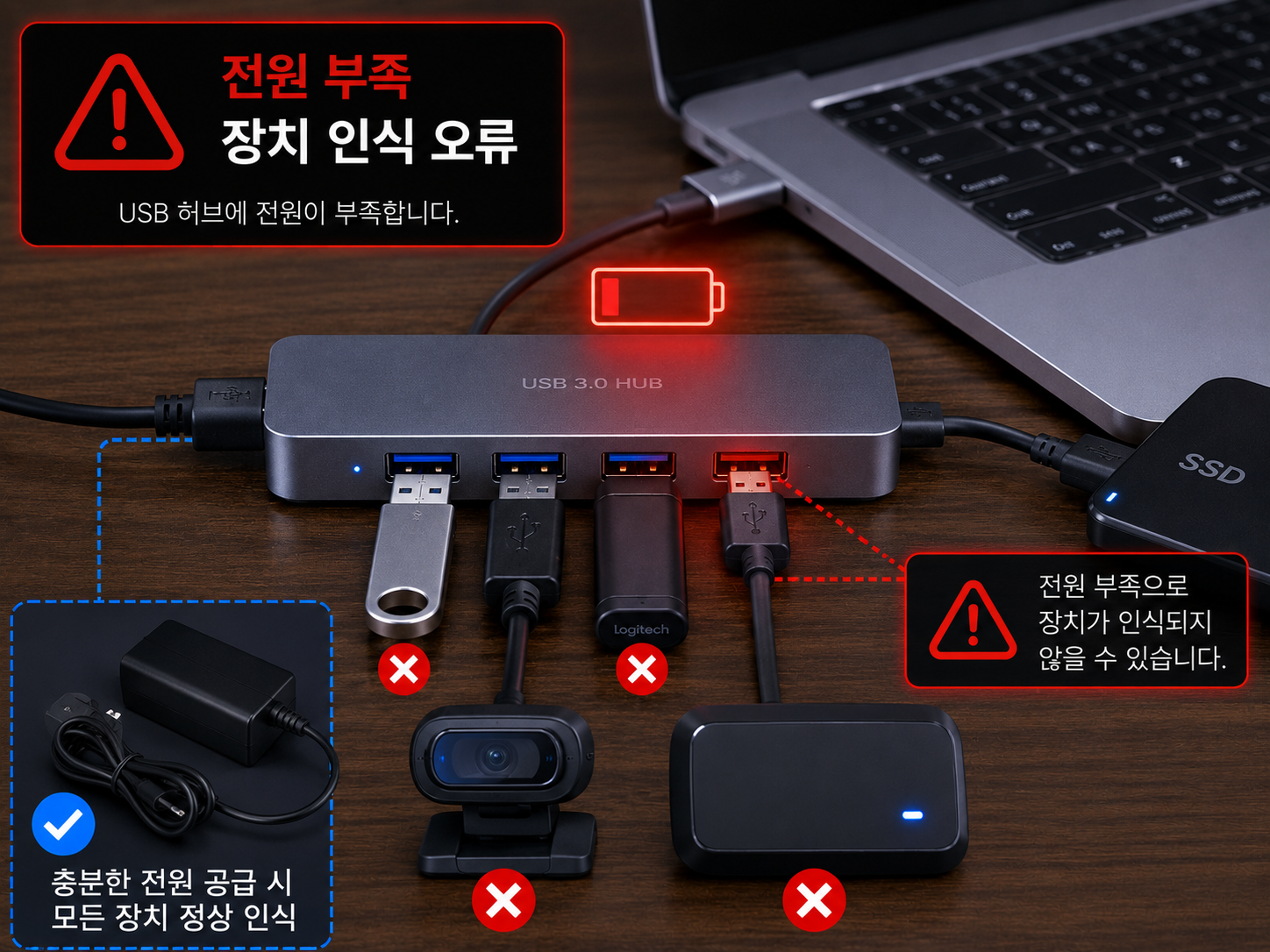 USB 허브 전원 부족 장치 인식 오류 해결방법 총정리