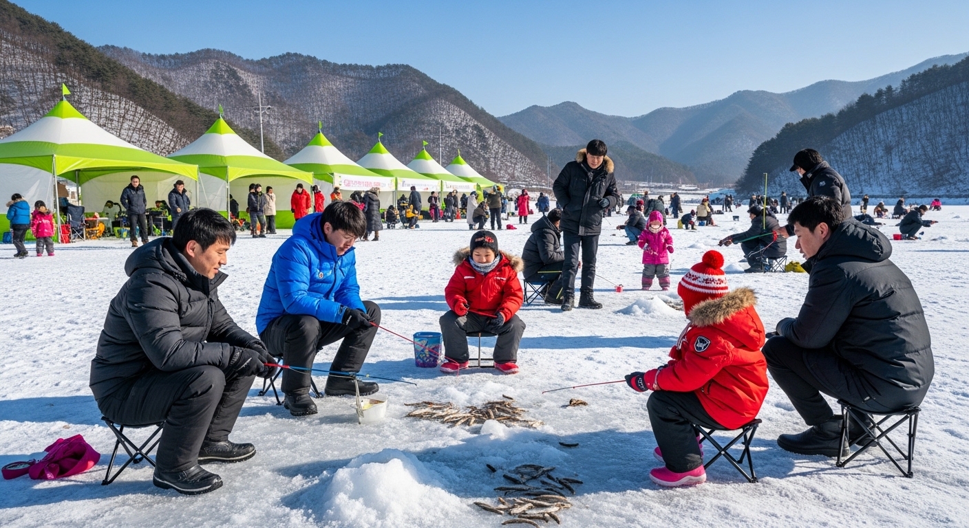 2026년 안성 동막골 빙어축제에서 아이와 가족들이 얼음 낚시를 즐기는 활기찬 겨울 풍경