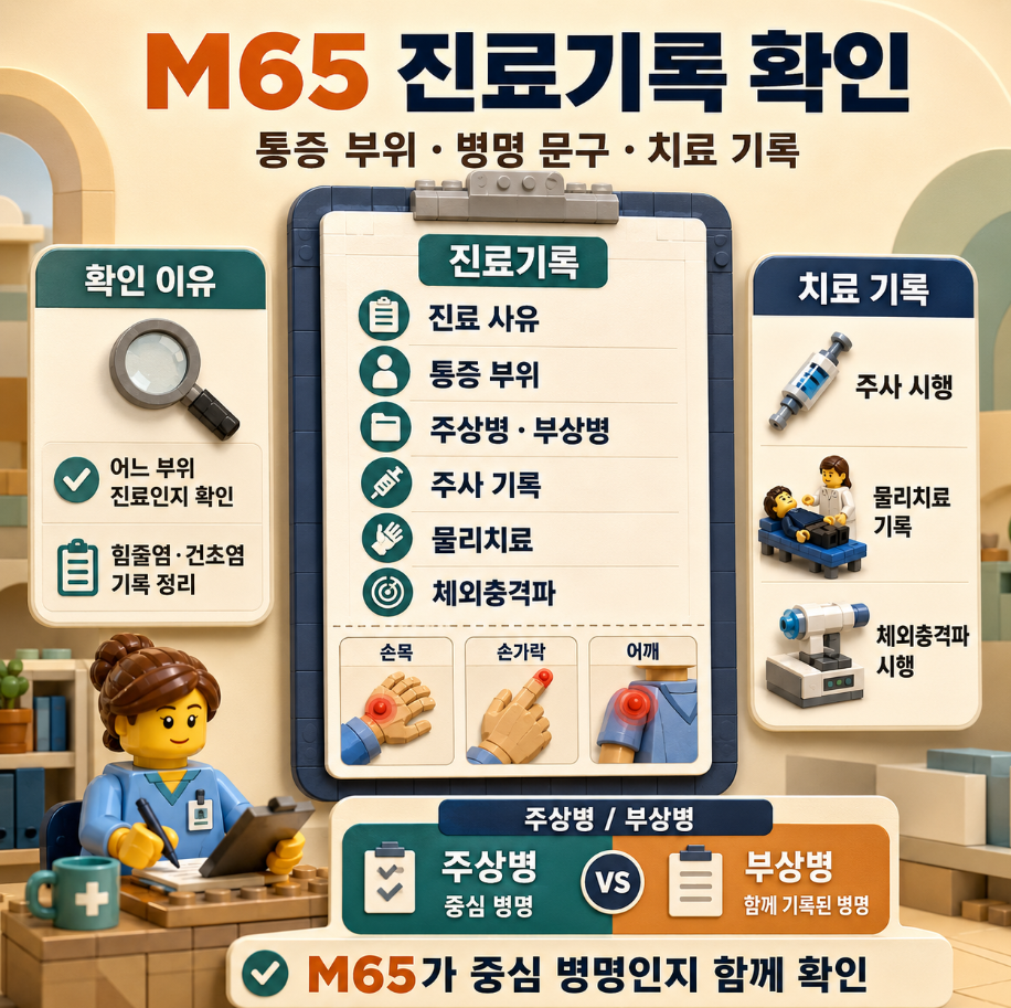 M65 진료기록 확인 인포그래픽, 통증 부위·주상병·부상병·치료 기록을 확인하는 방법을 설명한 레고 스타일 메디컬 안내 이미지