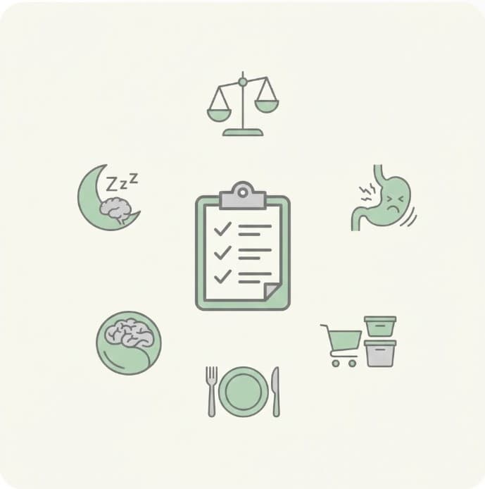 저속노화 식단이 실패하는 대표 원인 5가지를 아이콘으로 표현한 미니멀 인포그래픽