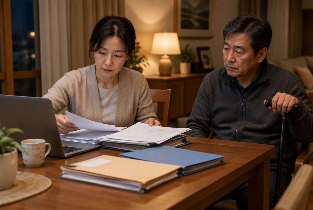 근무 중 뇌출혈 뒤 산재와 상병수당 서류를 정리하는 가족