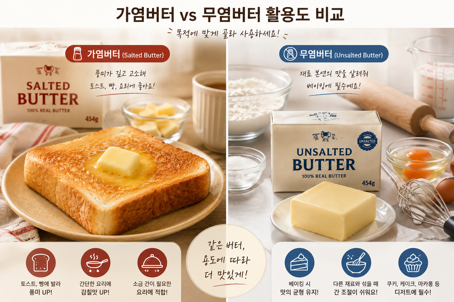 토스트 위에 녹는 가염버터, 베이킹 재료 옆 무염버터 등 활용도 비교 이미지
