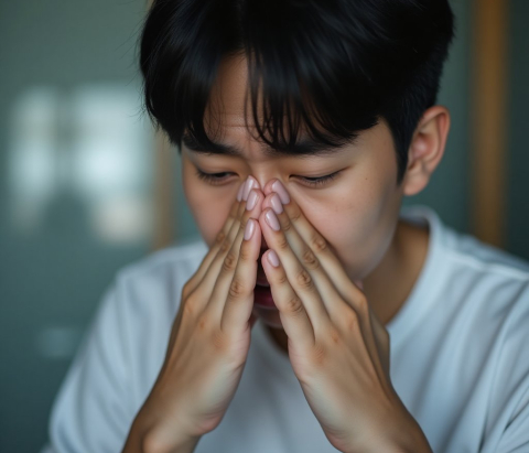 뺨과 이마를 손으로 누르며 통증을 느끼는 한국인 남성