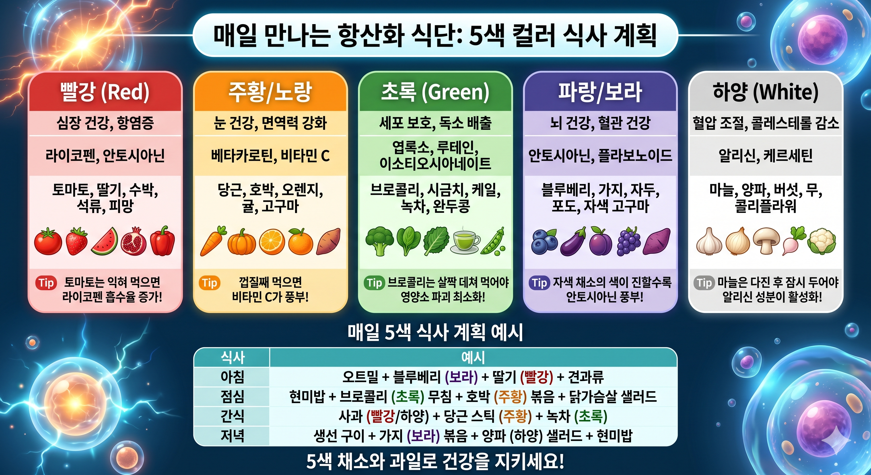 항산화 식단 5원칙 &mdash; 5가지 색깔 채소 건강한 지방 발효 식품 단백질 혈당 관리 하루 식단