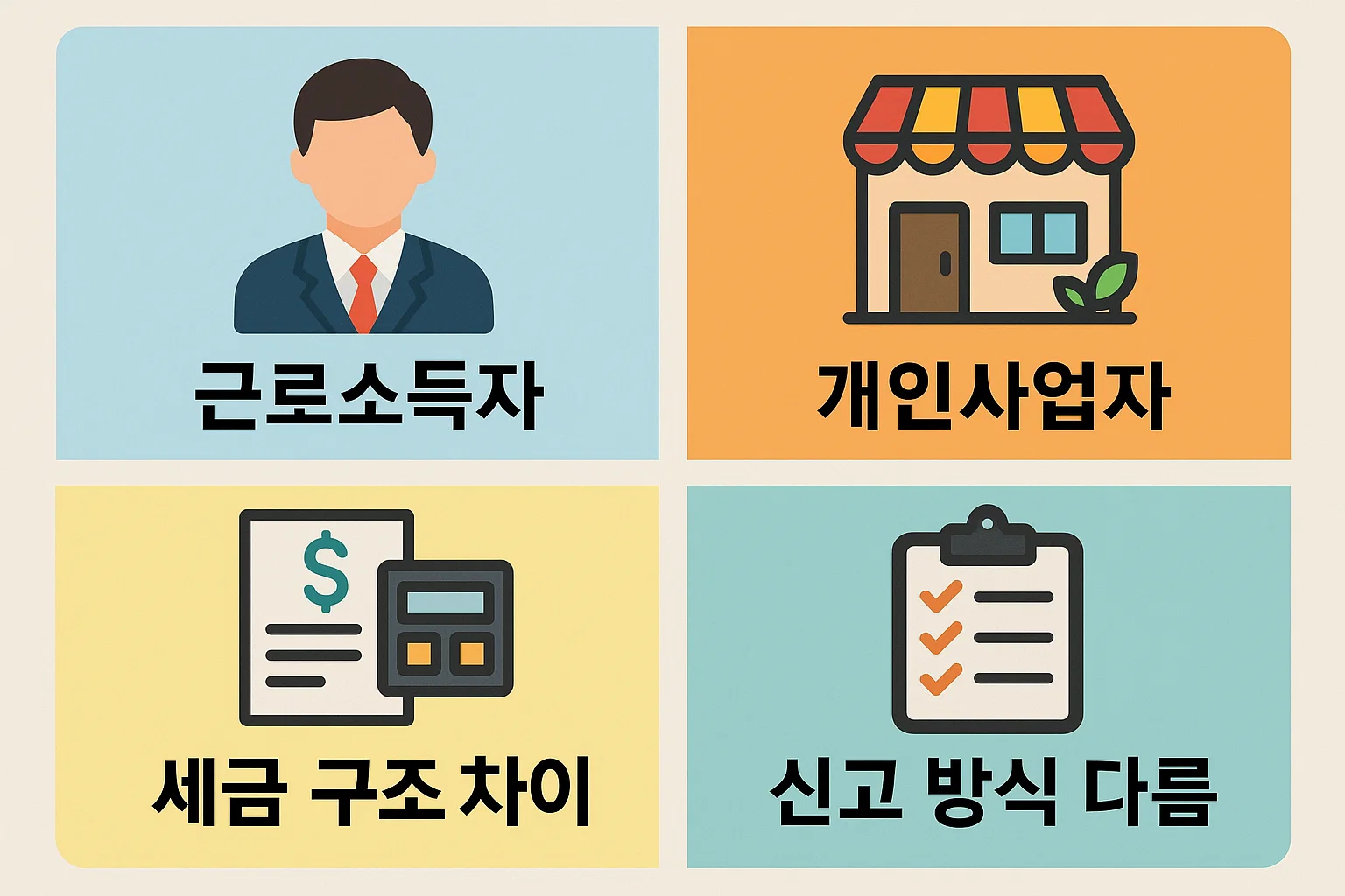 근로소득자와 개인사업자의 체크카드 사용 시 세금 처리 방식과 소득공제 적용 여부 차이를 구조적으로 비교한 이해용 이미지입니다