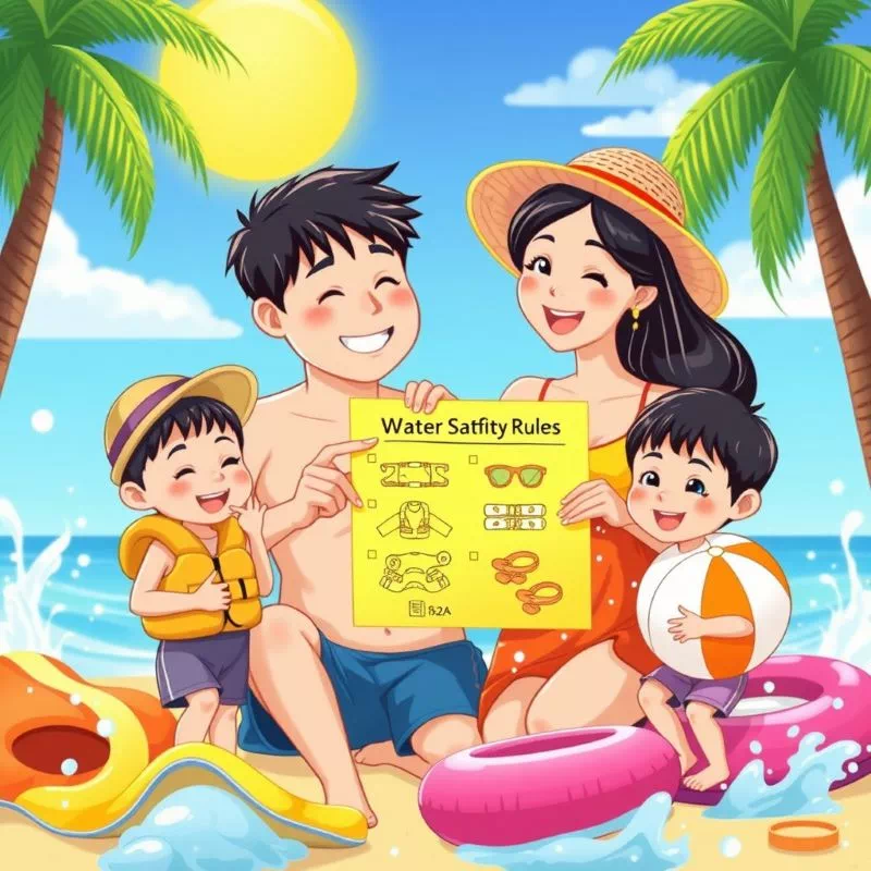 여름 휴가지에서 물놀이 안전수칙을 확인하는 가족, 안전 체크리스트, 여행 필수품