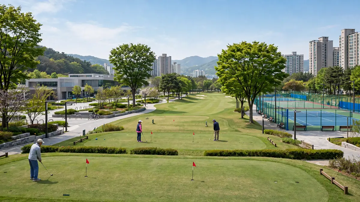 용인 아르피아 파크골프장 도심 스포츠파크 코스에서 파크골프를 즐기는 모습