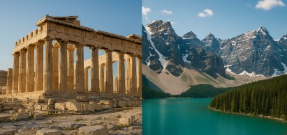 고대 그리스의 파르테논 신전과 캐나다의 자연 경관이 나란히 배치된 이미지