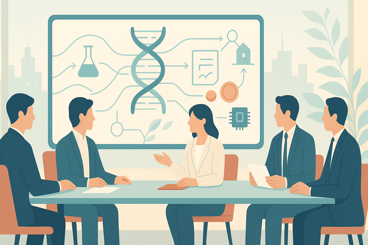 디지털서열정보(DSI)와 생물자원 데이터를 상징하는 DNA 이중나선, 실험 플라스크, 계약 문서, 동전과 반도체 칩 아이콘이 큰 화면에 추상적으로 연결되어 있고, 한국 바이오기업 전문가들이 회의실에서 이를 둘러싸고 토론하는 장면을 담은 미니멀 일러스트로, AI 기반 바이오 R&amp;D와 ABS 체계에서 DSI 이익공유, 글로벌 기금 비율, 나고야의정서 이행, 건강기능식품&middot;화장품 기업의 규제 대응 전략을 시각적으로 표현한 배너 이미지.