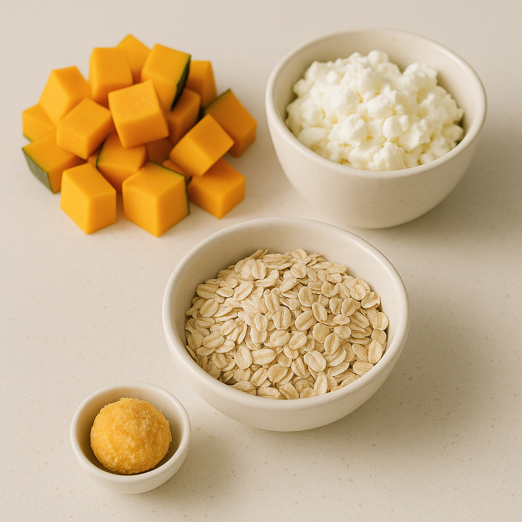 단호박, 코티지치즈, 귀리 오트밀 재료가 깔끔하게 준비된 이미지