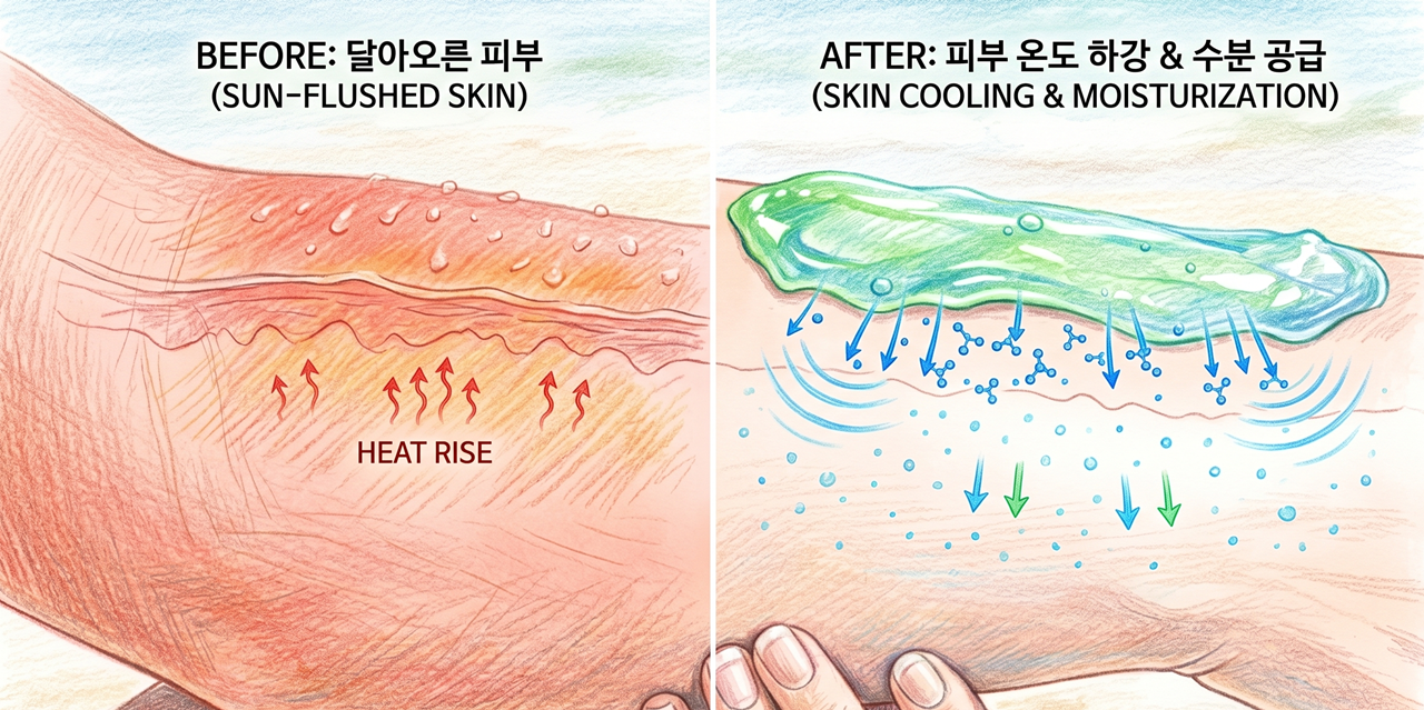 피부 온도 하강과 알로에 수분 공급 과정을 표현한 색연필 일러스트(Skin cooling process and aloe hydration illustration)