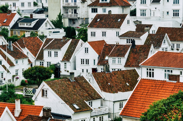 cookie cutter houses with red roofs