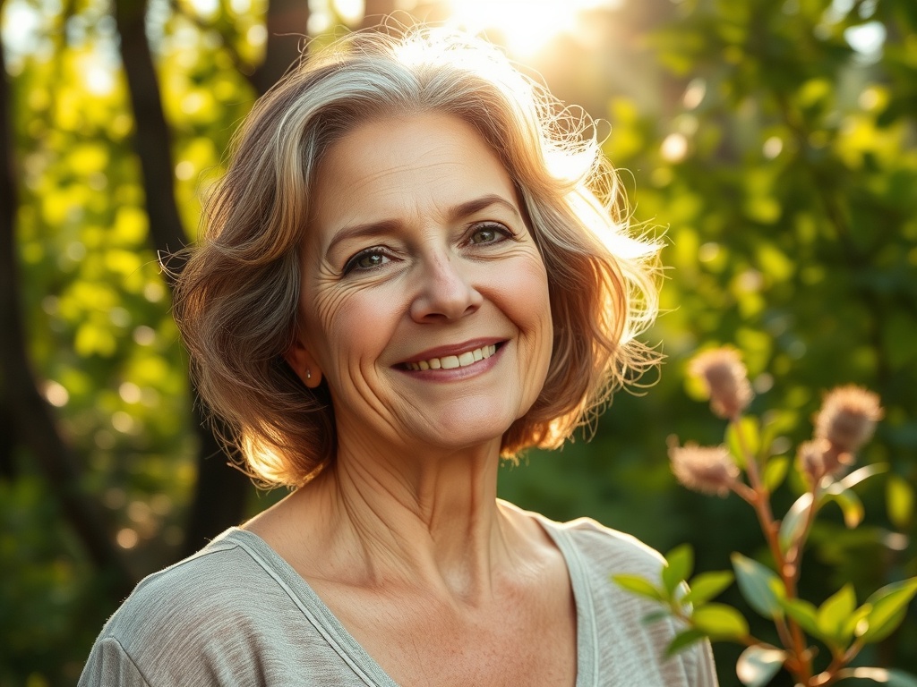 환하게 웃는 중년 여성의 모습