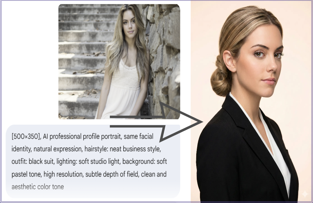 “같은 인물의 얼굴을 유지한 채 스타일만 비즈니스 프로필로 변환된 비교 이미지”