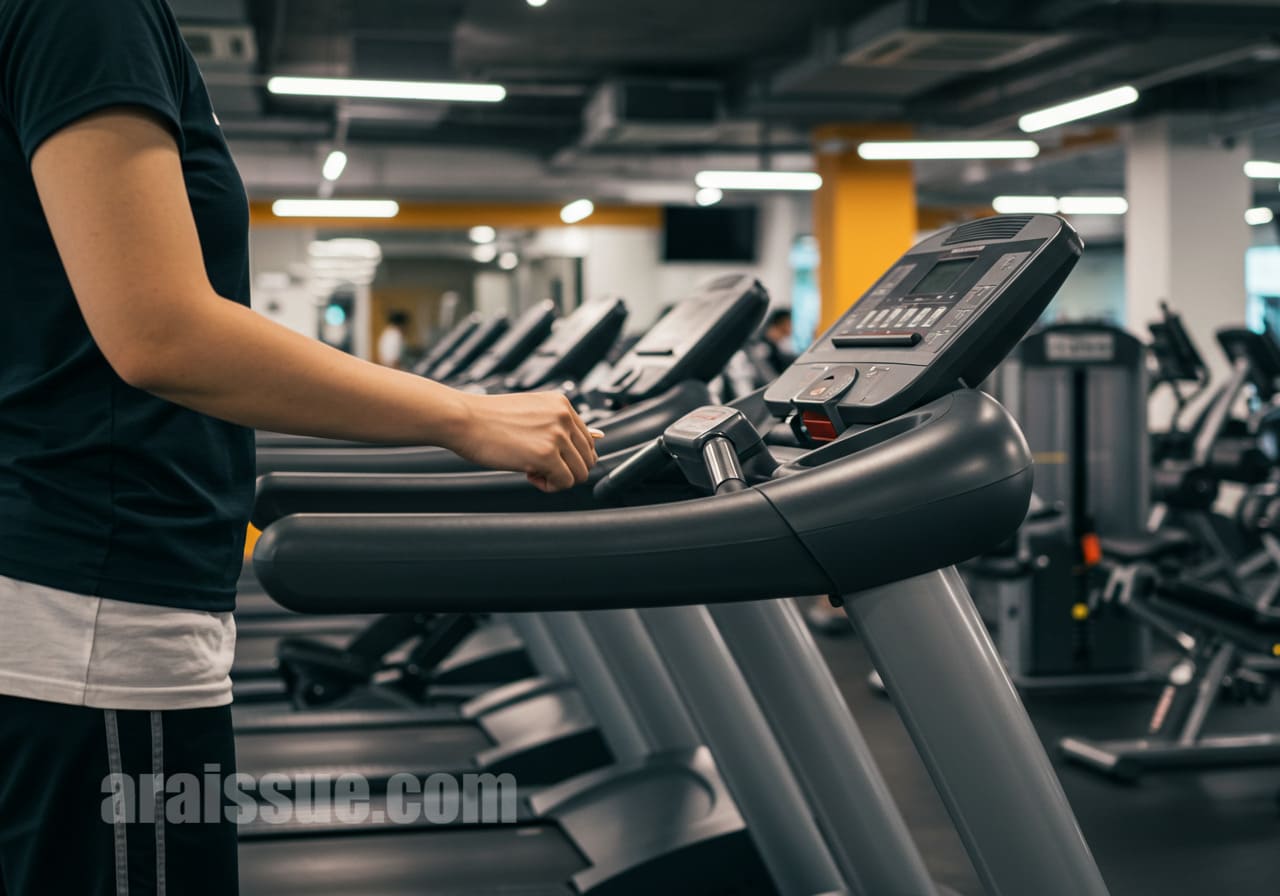 현대적인 체육관에서 운동하는 외국인. 트레드밀 위에서 운동하며 건강을 관리하는 모습