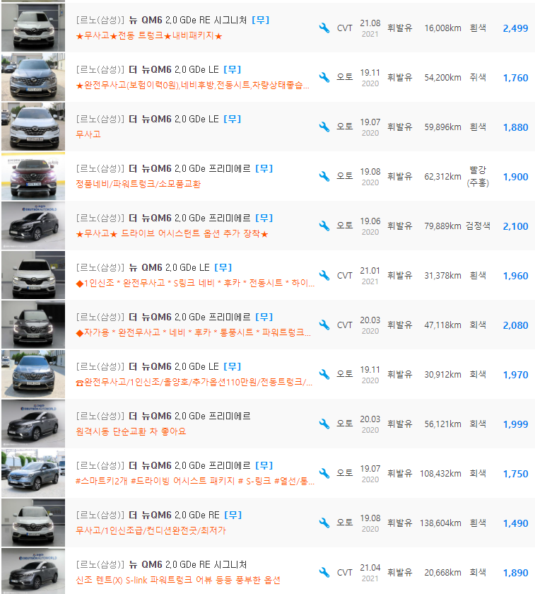 더 뉴 QM6 2.0 가솔린 등급 중고차 가격 : 1,490만원 ~ 2,850만원