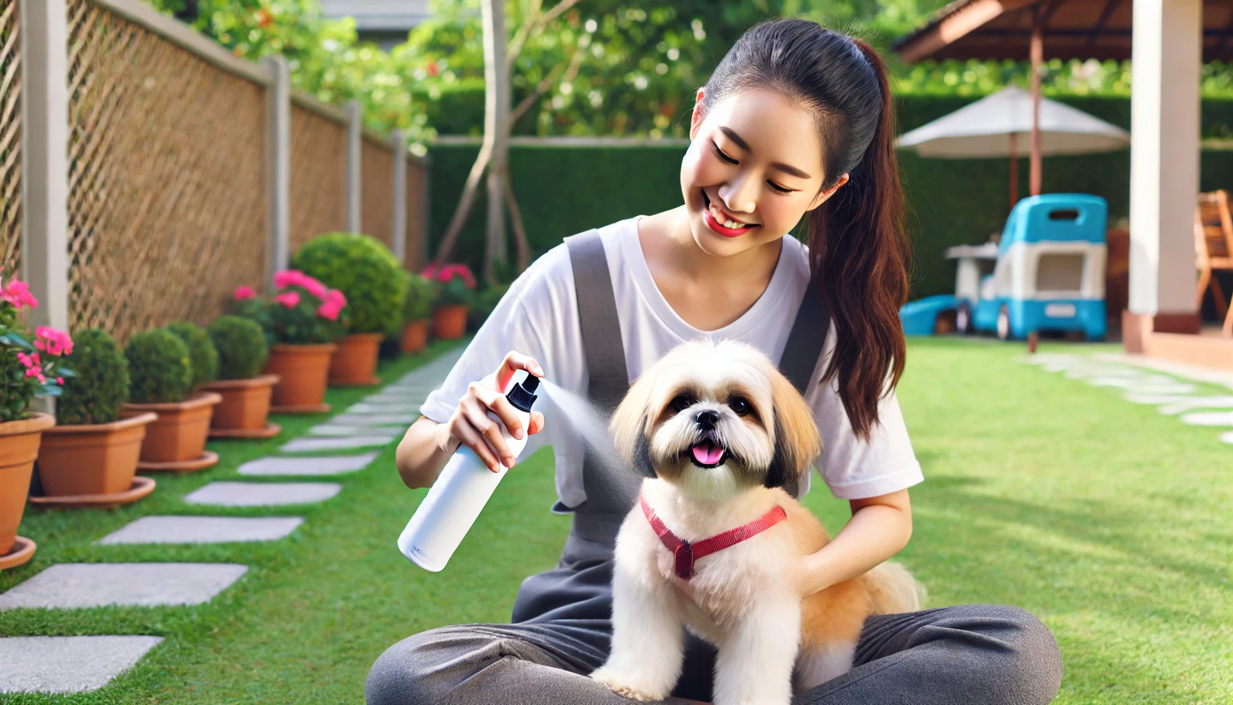 강아지에게 해충 예방 스프레이를 뿌리는 여성