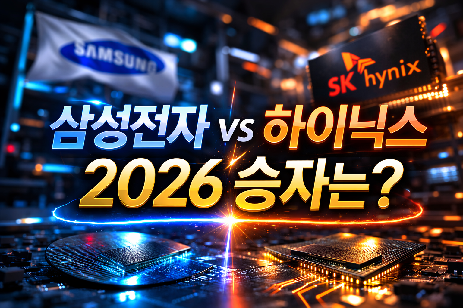 Image of Samsung Electronics and SK Hynix logos on a background of semiconductor chips, asking who will be the winner in 2026
