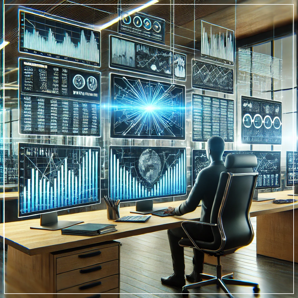 AI 기반 금융 시스템이 주식 시장의 동향을 분석하고, 금융 분석가가 투자 결정을 내리는 모습