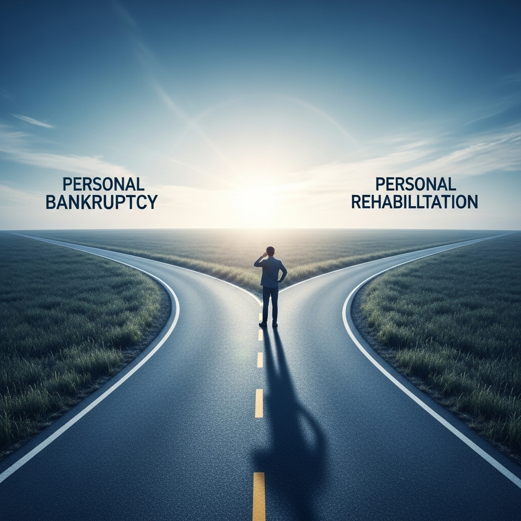 빚 해결을 위한 개인파산과 개인회생의 두 갈래 길에서 고민하는 사람의 모습, 희망찬 미래를 상징하는 이미지