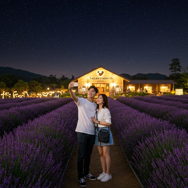 허브 농원에서 연인이 사진찍는 이미지