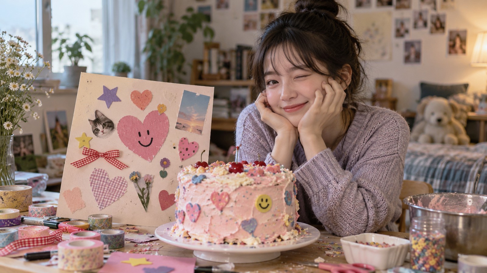 일부러 어설프고 귀엽게 꾸민 케이크와 손작업 결과물을 보여주는 모습