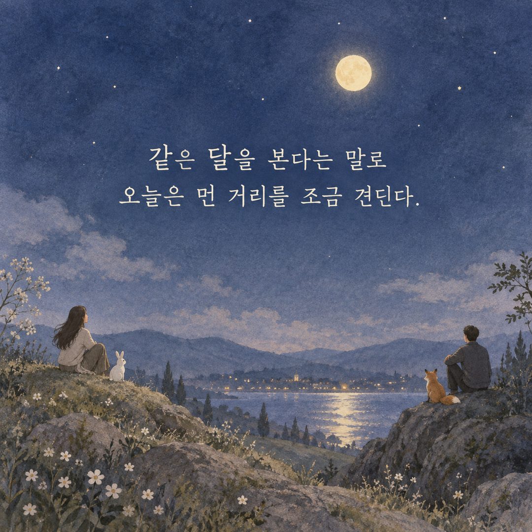 같은 달을 본다는 말로 오늘은 먼 거리를 조금 견딘다.