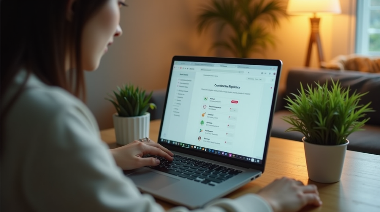 20대 후반 한국인 여성이 거실에서 노트북으로 아파트 청약 자격을 확인하는 장면