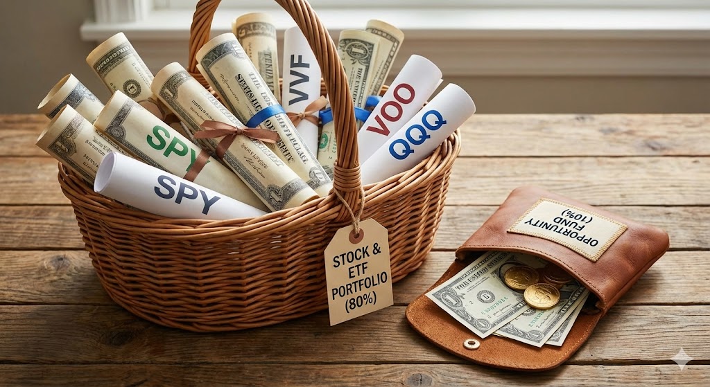꽉 채워진 주식 바구니(80%) 옆에, 기회를 노리는 현금 주머니(10%)를 들고 있는 스마트한 투자자의 모습
