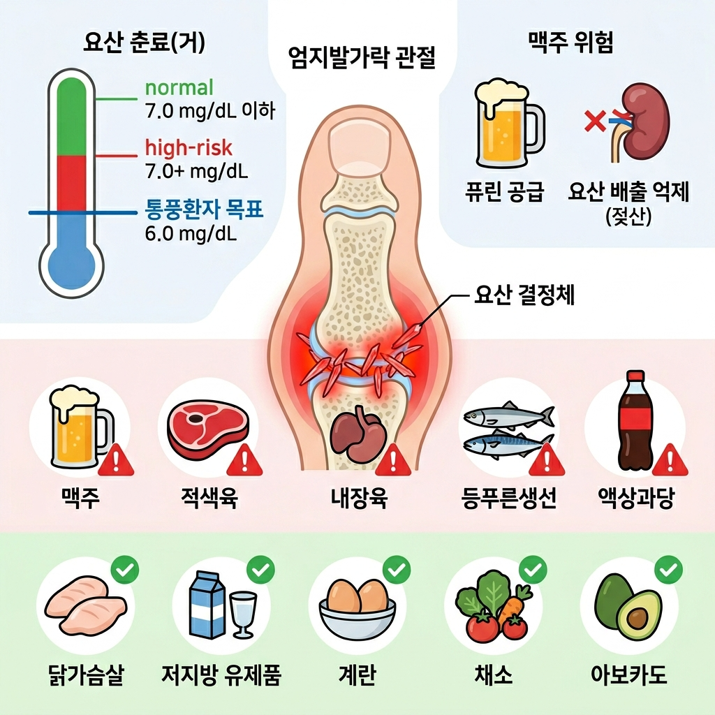 통풍 (요산, 맥주·육류와의 관계, 예방법)