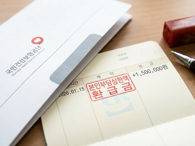 책상 위에 놓인 국민건강보험공단 안내문과 통장에 '본인부담상한액 환급금'과 함께 150만 원이 입금된 통장