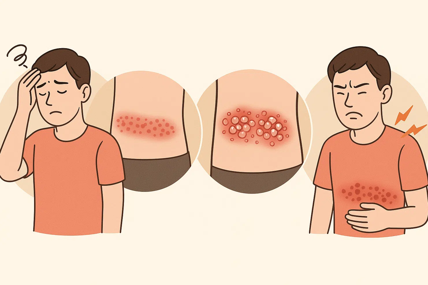 대상포진 진행, 전조 증상(피로&middot;열감&middot;저림), 띠 모양 붉은 발진, 맑은 수포 무리지어 발생, 극심한 신경통