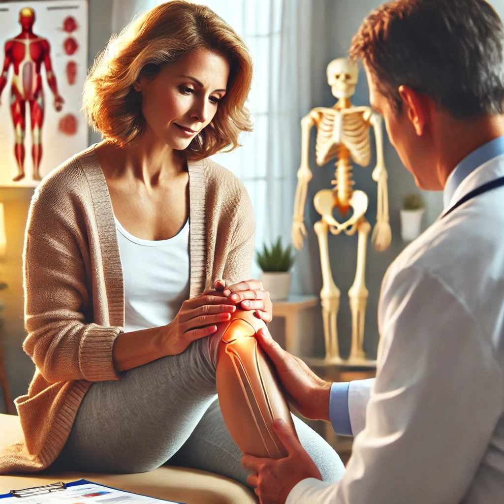 의사가 중년 여성의 관절 상태를 세심하게 검진하고 있다.