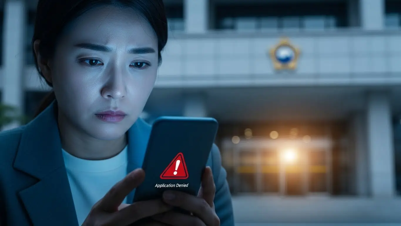 대출 과다 조회로 인해 스마트폰 앱에서 거절 알림을 받고 절망하는 사람과 서민금융진흥원 로고가 보이는 희망적인 이미지