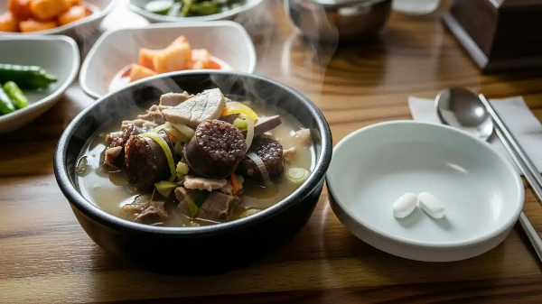 국밥집 테이블 위에 순댓국과 비타민C가 올려져 있음