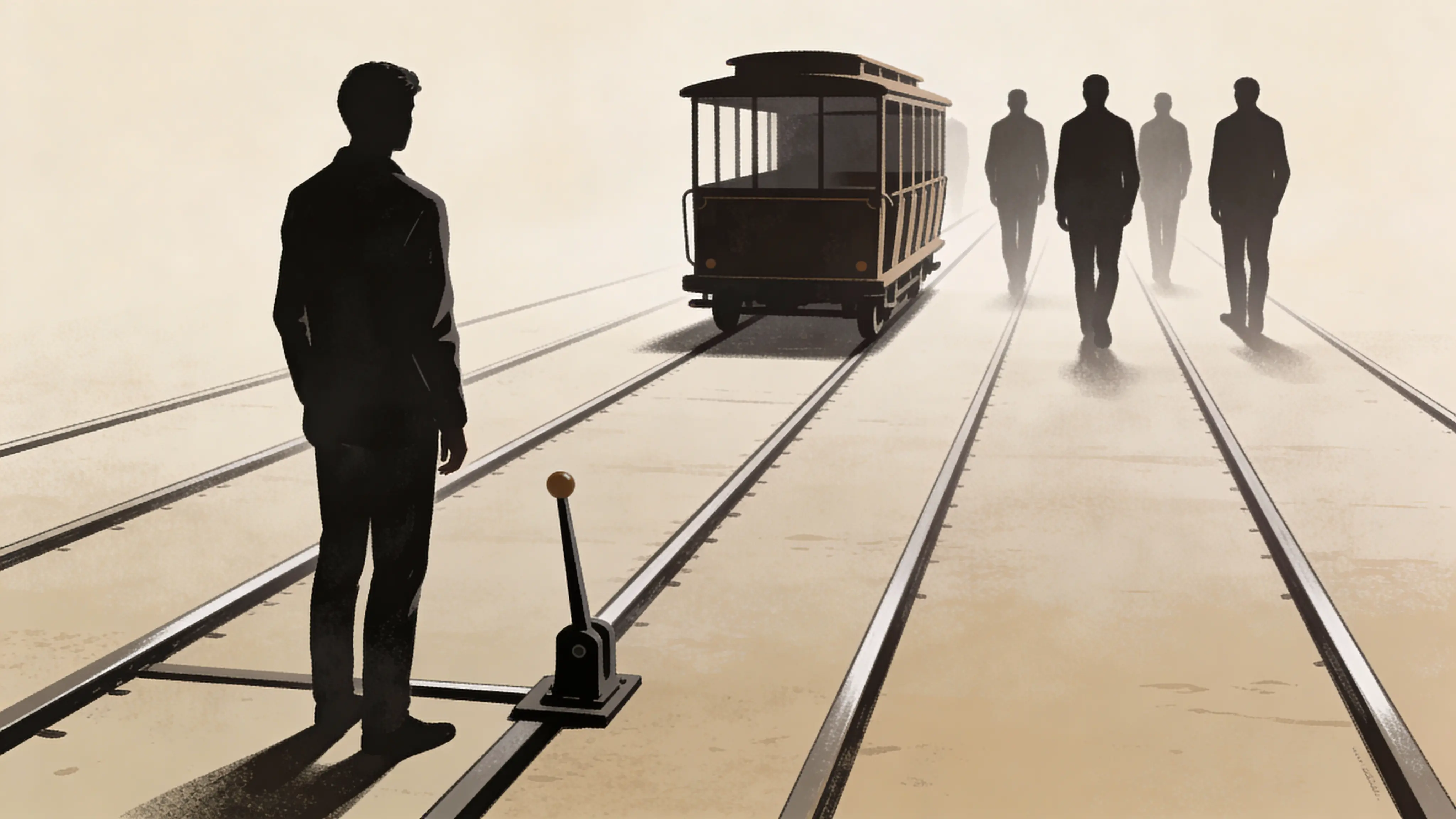 An illustration showing the trolley problem where a person chooses not to pull the lever, representing non-intervention as a moral judgment