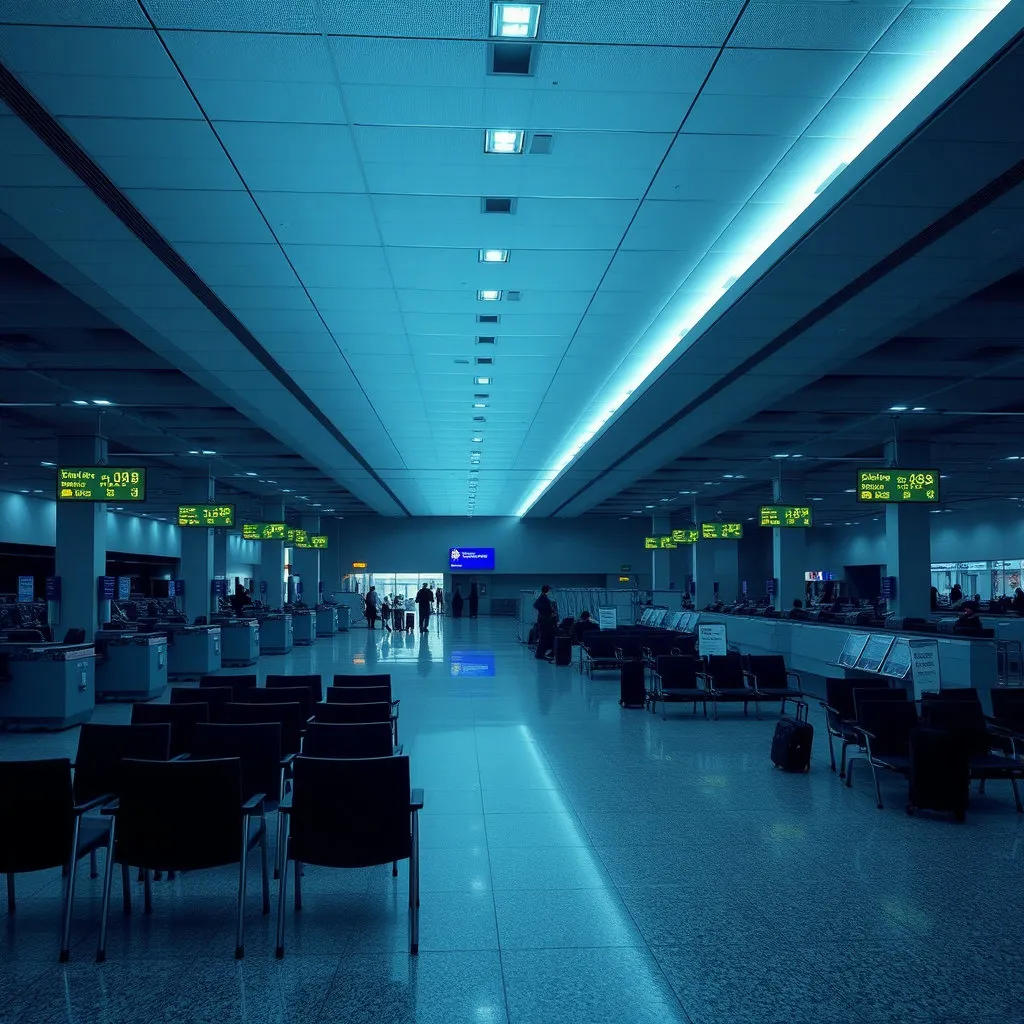 밝은 조명 아래 넓고 현대적인 공항 출국장이 텅 비어 있습니다. 체크인 카운터와 보안 검색대&amp;#44; 면세점 구역 등이 모두 한산하며&amp;#44; 몇몇 의자만이 덩그러니 놓여 있습니다. 파업의 여파로 고요하고 썰렁한 분위기를 강조해주세요. 