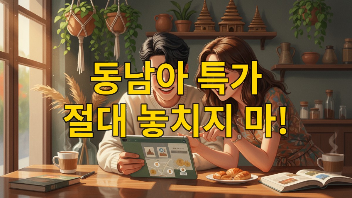 활기찬 한국 청년 두 명이 카페에서 동남아 가성비 여행을 계획하는 모습.