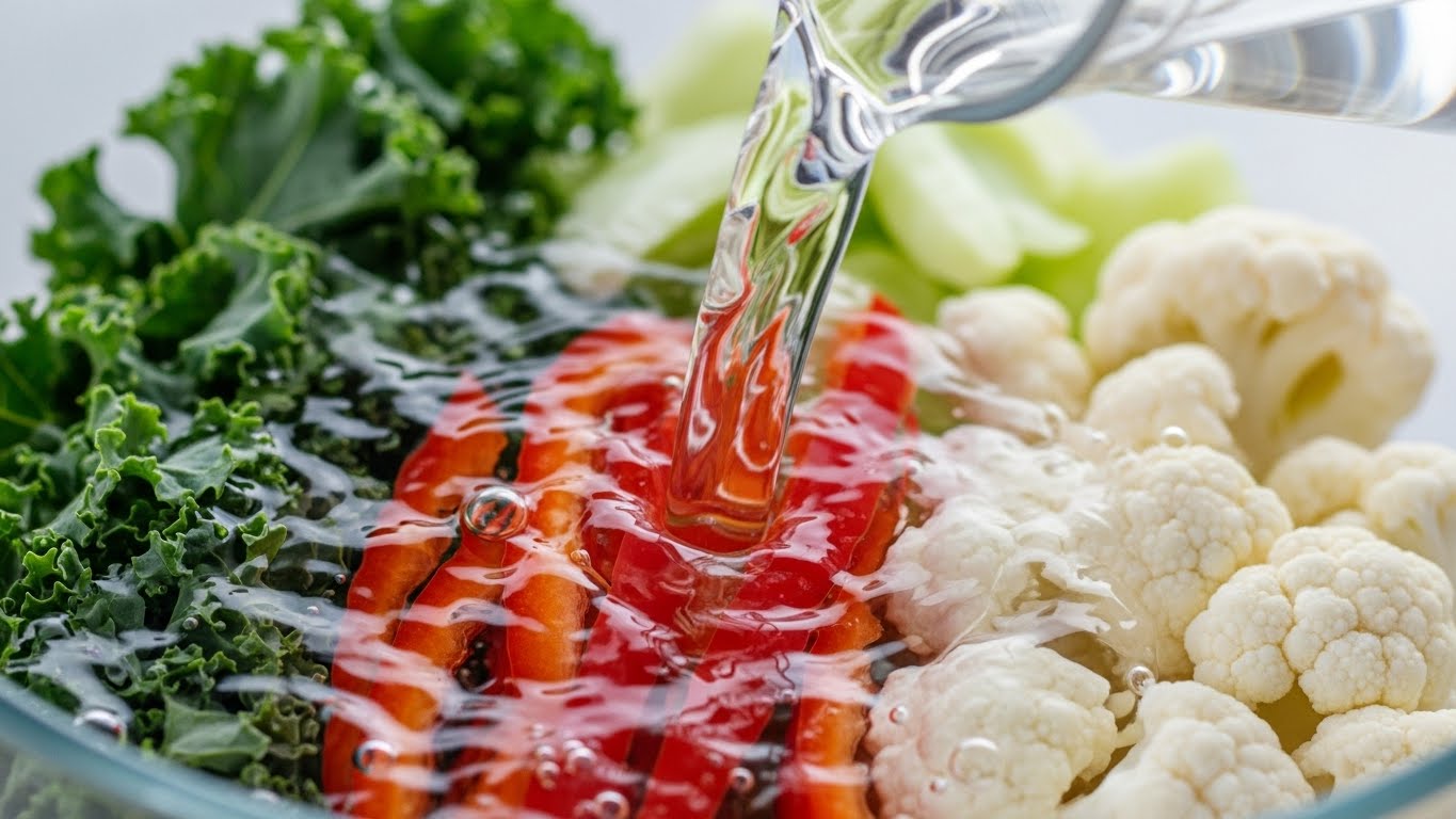 채소-위에-물을-붇고-있습니다.