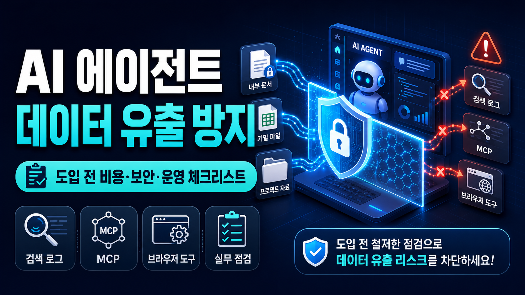 AI 에이전트 도입 전 데이터 유출 방지를 위해 검색 로그, MCP, 브라우저 도구, 내부 문서 보안을 점검하는 썸네일 이미지