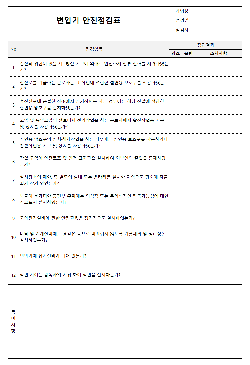 변압기 안전점검표