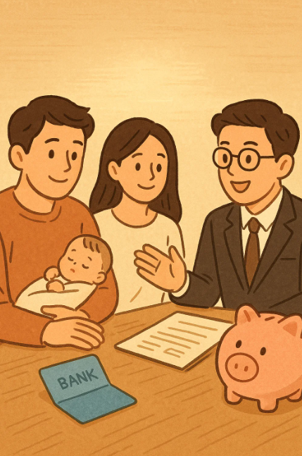 신생아를 둔 부모가 금융 상담을 받고 있는 따뜻한 분위기의 장면