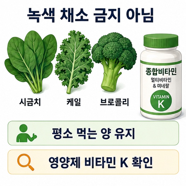 와파린 복용 중에도 녹색 채소를 피할 필요는 없지만 섭취량과 비타민 K 영양제를 일정하게 관리해야 함을 안내한 이미지