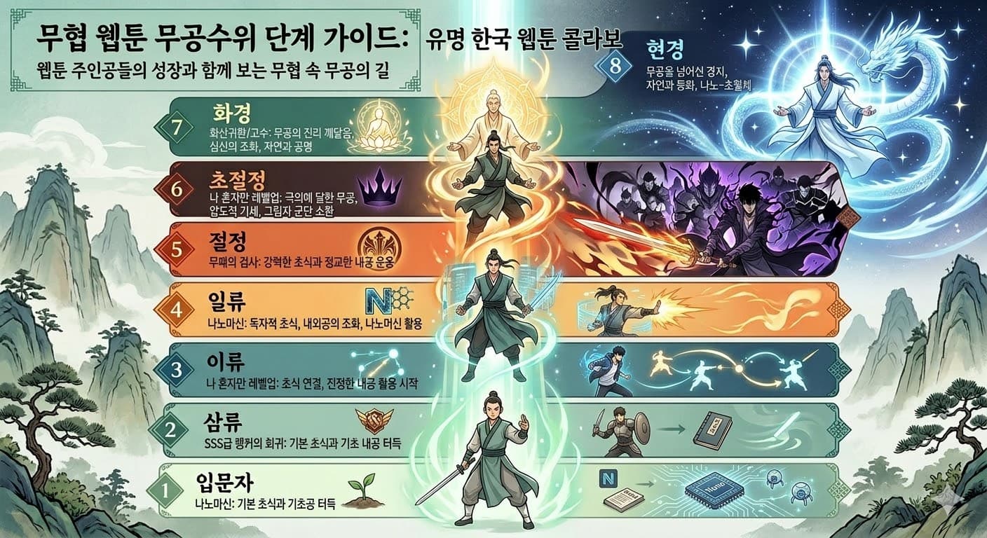 삼류 → 이류 → 일류 → 절정(초입~완숙) → 절정(극) → 초절정(초입~완숙) → 초절정(극) → 화경(초입~완숙) → 화경(극)
