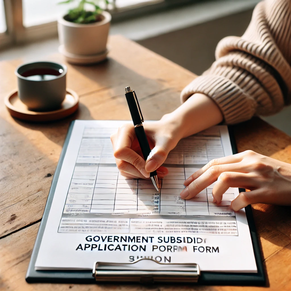 나무 테이블 위에서 여성의 손이 직불금 신청서를 작성하는 클로즈업 장면