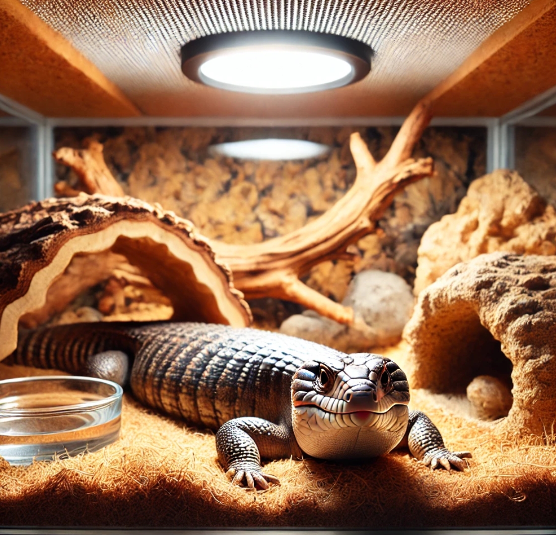 깨끗한 테라리움 안에서 쉬고 있는 블루텅스킨크