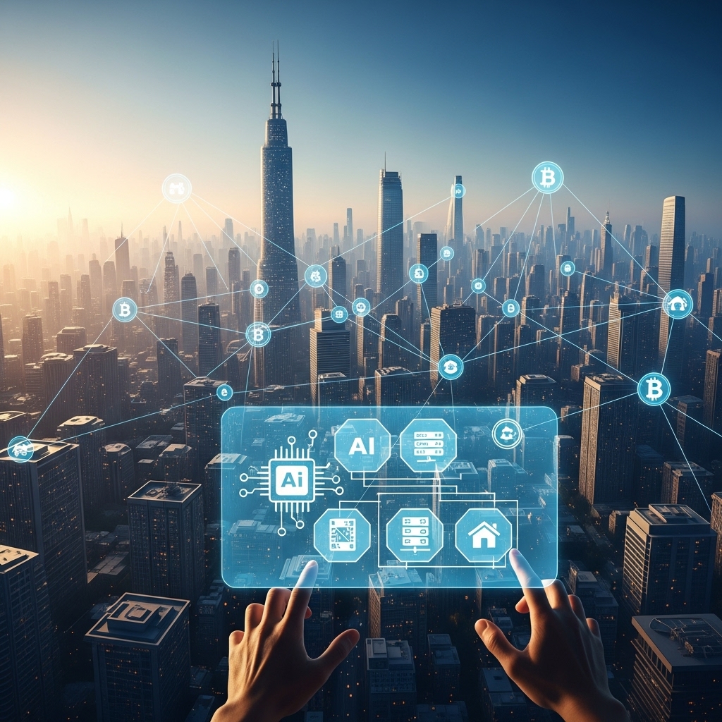 2026년 미래 디지털 자산 시장의 새로운 투자 기회를 상징하는 AI, DePIN, RWA 등의 아이콘이 홀로그램으로 떠오르는 모습