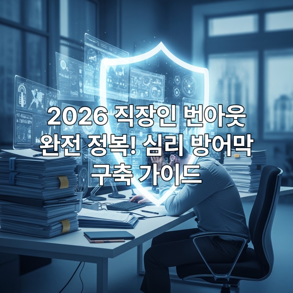 2026년 직장인이 책상에 앉아 번아웃 상태에서 심리적 방어막을 구축하는 모습