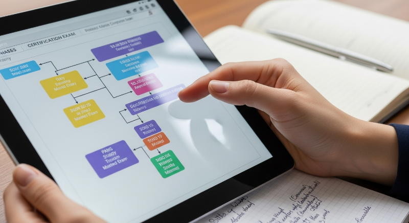 디지털 태블릿에 2025년 유통관리사 시험 일정이 명확히 표시된 화면. 체계적인 시험 준비 계획을 상징합니다.